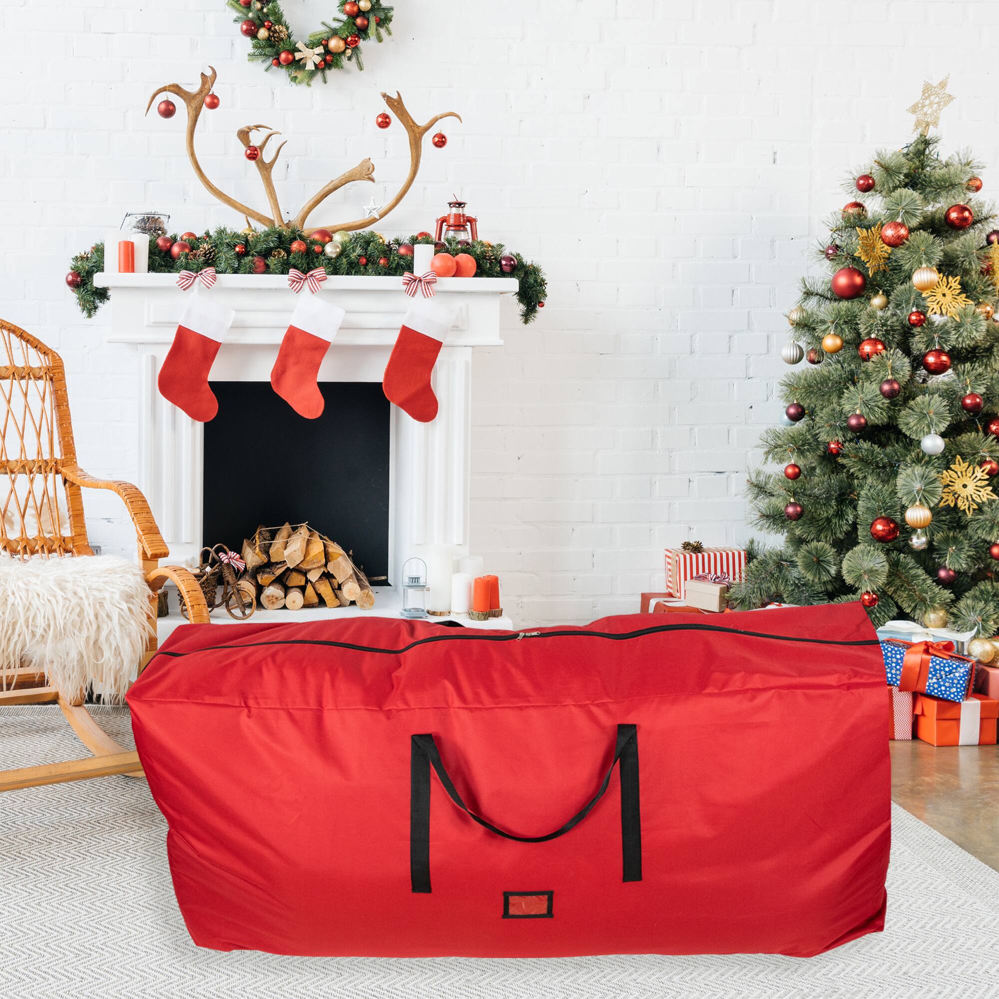 57" Red Quilted Rolling Christmas Tree Storage Bag for Trees up to 9ft.